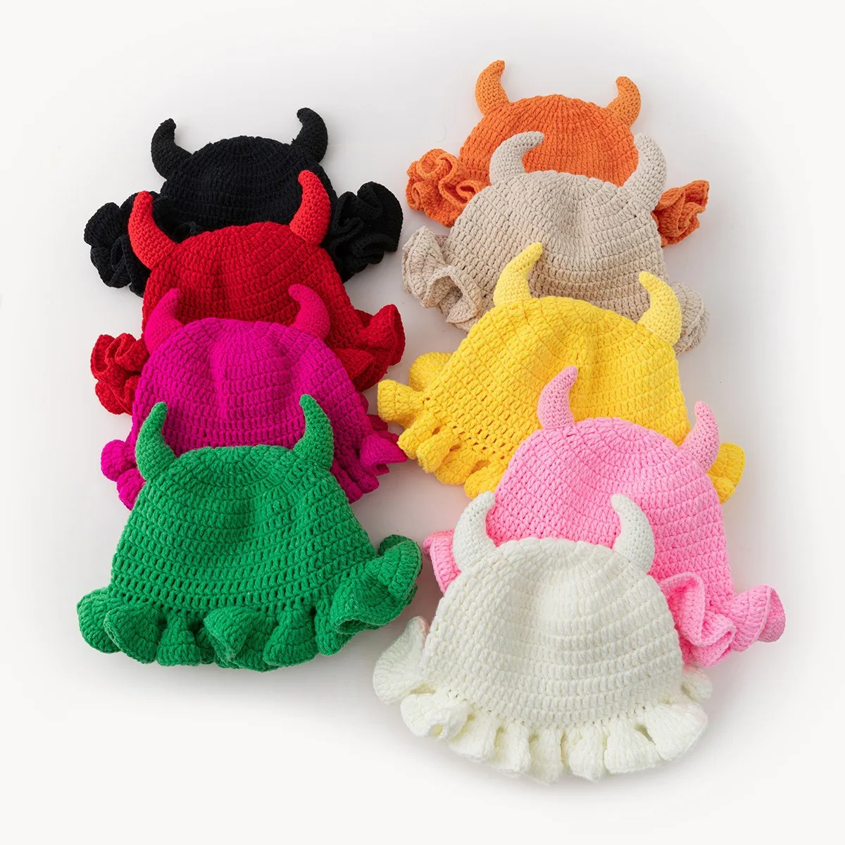 Wrinkled Lotus Leaf Edge Handmade Knitted Caps Men's And Women's Little Devil Cow Horn Creative Adult Versatile Casual Hats