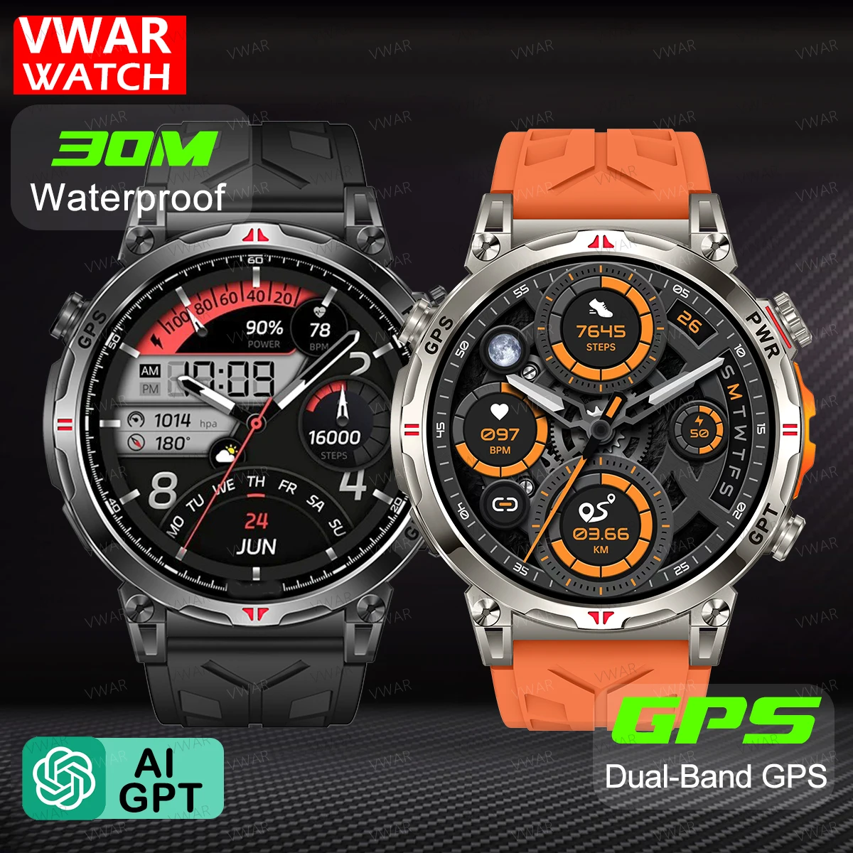 

VWAR GPS Смарт-часы для мужчин 30 м Водонепроницаемый компас GPS Смарт-часы Bluetooth Вызов 1,56-дюймовый AMOLED-экран Военный класс Smartwatch 2025