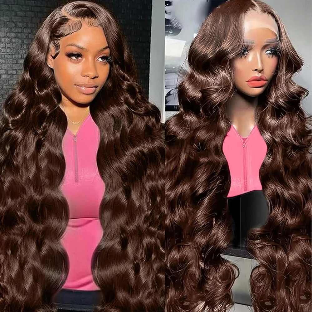 13x6 Chocolate Brown Lace Front Wigs Human Hair Pre Plucked with Baby Hair 13x4 Body Wave Frontal Wigs Human Hair 180% Density