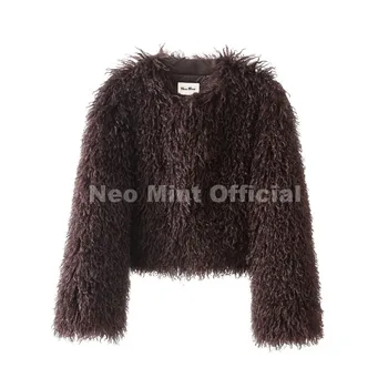 Cropped Faux Mongolia Sheep Fur Coat 6 Neo Mint Chic Street Girls Round Neck Faux Mongolia Sheep Fur Coat Women 2025 Winter Fluffy Warm Fur Jacket Cropped Outerwear 6