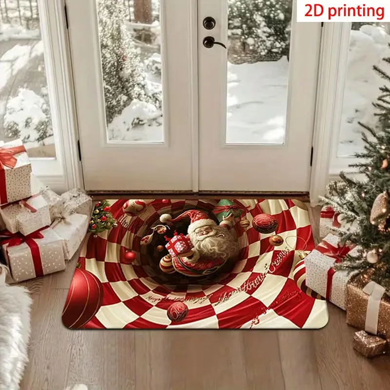 VIKAMA Checkerboard Santa Vortex Mat, Noise Reducing & Machine Washable, for Bathroom Entryway Christmas Floor Rug, Home Decor