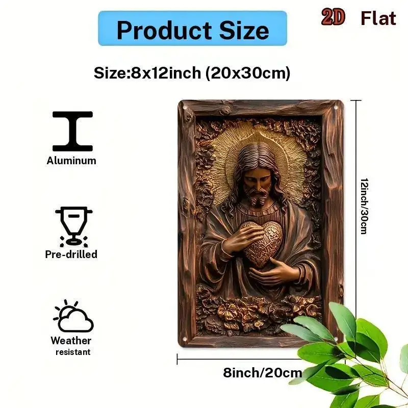 Religious Sacred Heart of Jesus Metal Wall Decor, Durable Flat 2D Sign for Home Living Room Bedroom Gift