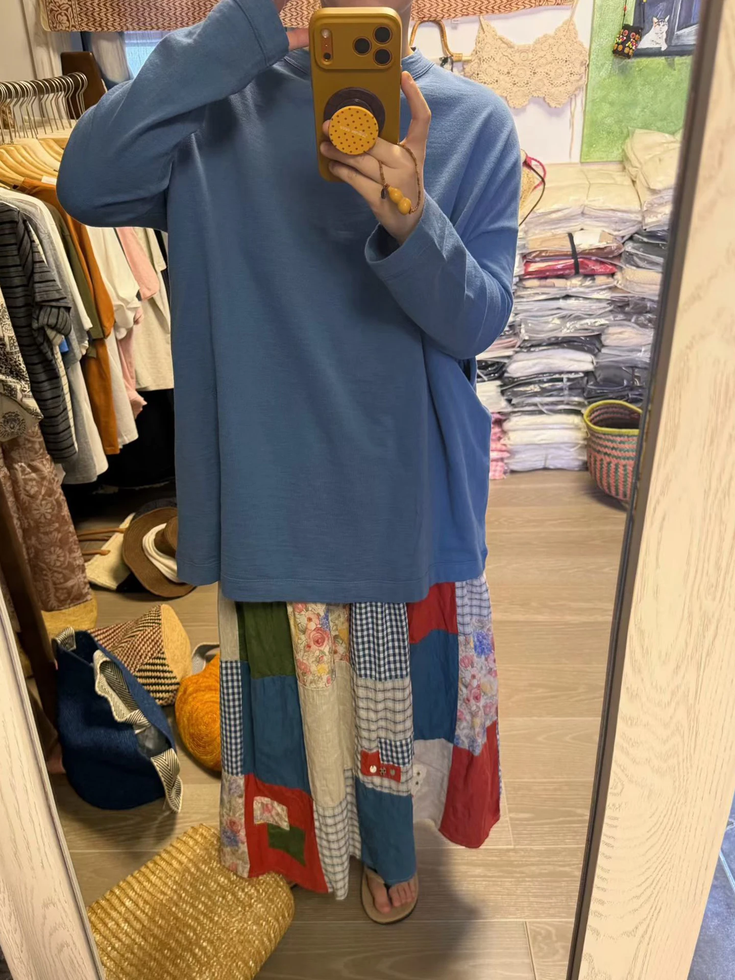 

Spring Summer Vintage Japanese Loose Waist Patchwork Skirt Women plus Size Half Skirt Front Back Wear Long Skirts
