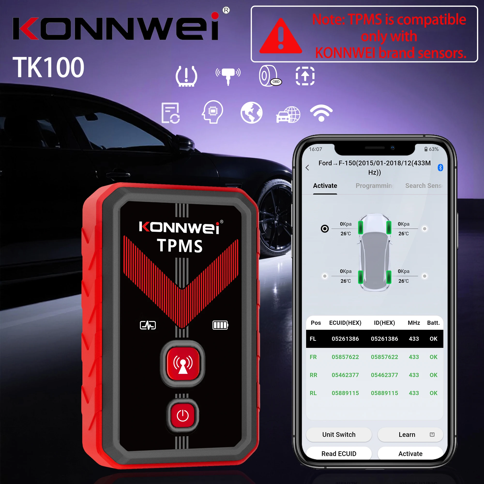 

2026 KONNWEI TK100 Car Programable TPMS Sensors OBD Relearn Tool 433MHz315MHz Programing CELL PHONE Tire Pressure Monitor System