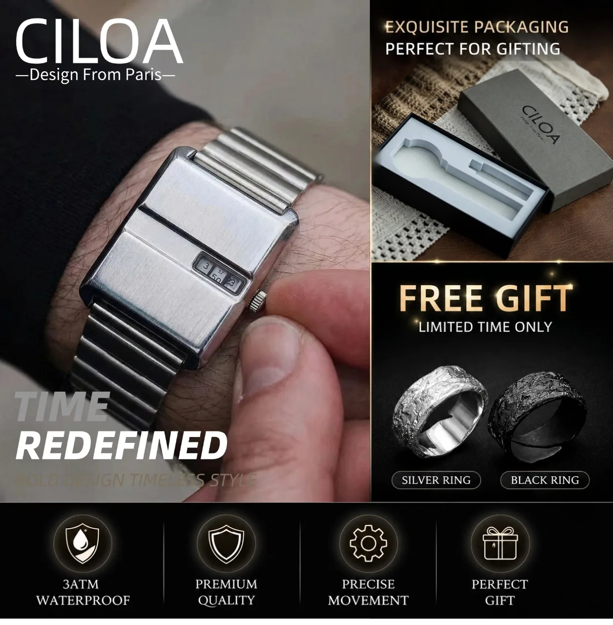 CILOA Niche Retro Jump Hour Men's Watch, Square Case Metal Strap, Minimalist Versatile Quartz Wristwatch