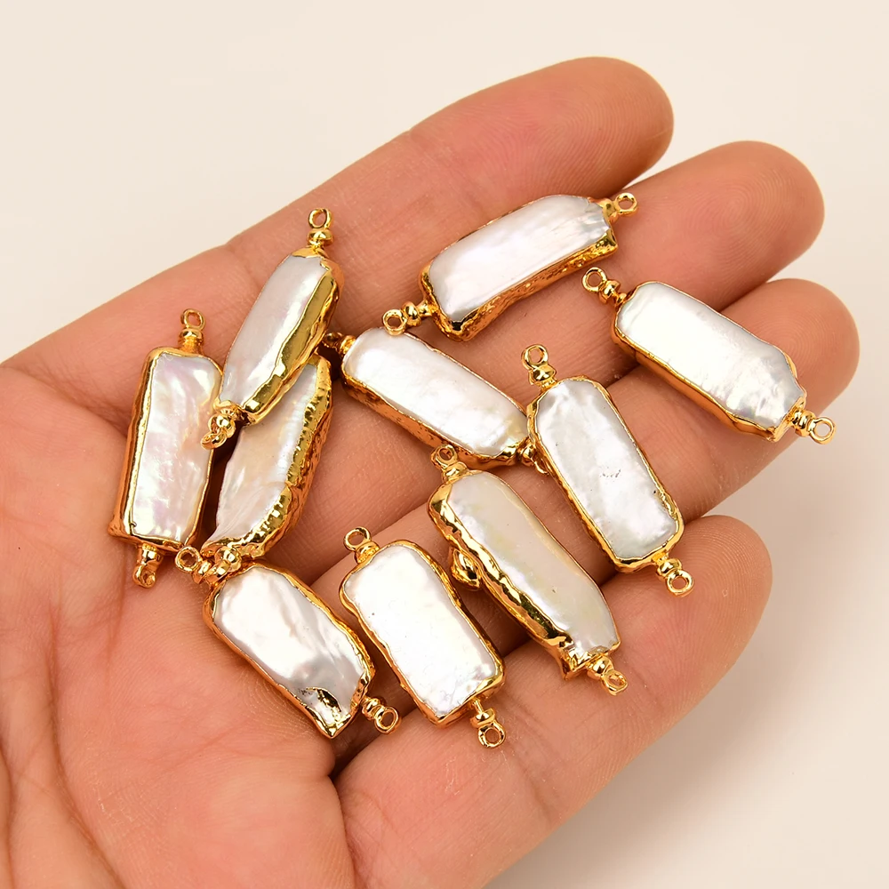 10 Pcs Natural Pearl Freshwater Biwa Pearl Rectangular shape Glod Plated For DIYDouble Ring Jewelry Finding
