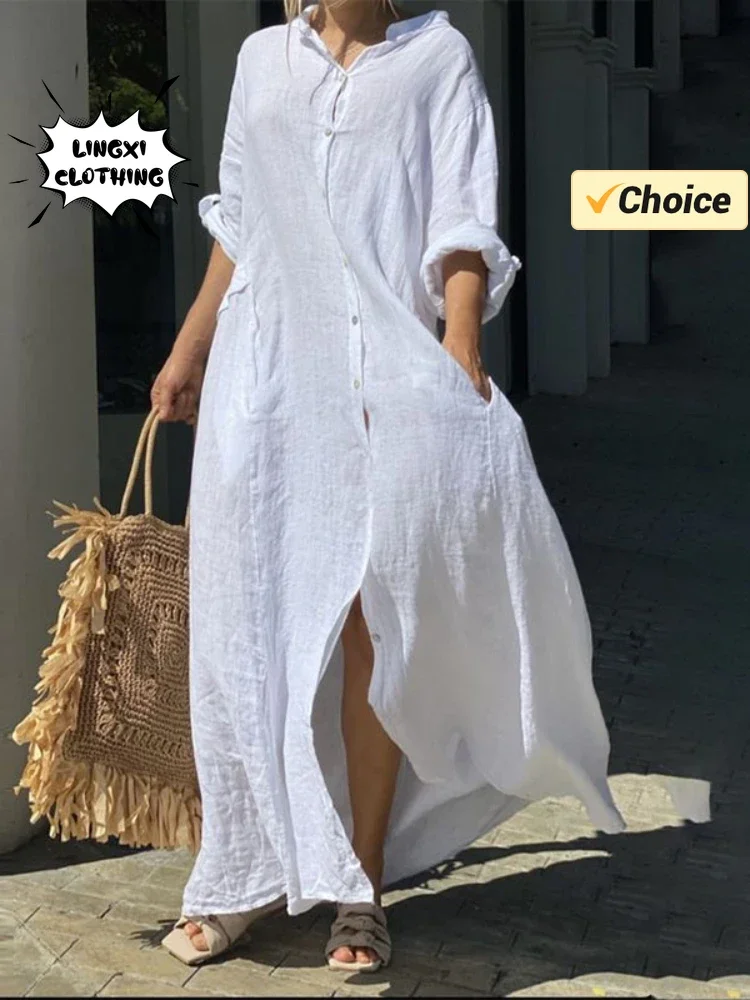 2024 New Women\'s Cotton and Hemp Loose Robe Summer Beach Sunscreen Clothing Cotton and Hemp Single Breasted Long Shirt Dress