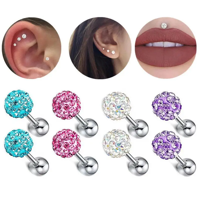 2pcs/3pcs Beautiful Crystal Round Ball Screw Stud Earrings For Women Stainless Steel Cartilage Tragus Piercings Jewelry 3/4/5mm