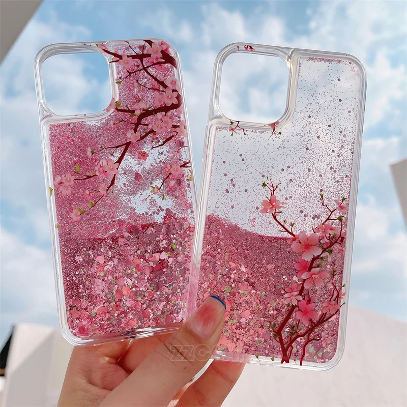 Pink Spring Cherry Blossoms For iPhone 16 15 Pro Max 14 Plus 13 12 Mini 11 XS XR SE 2022 7 8 Case Glitter Liquid Quicksand Cover