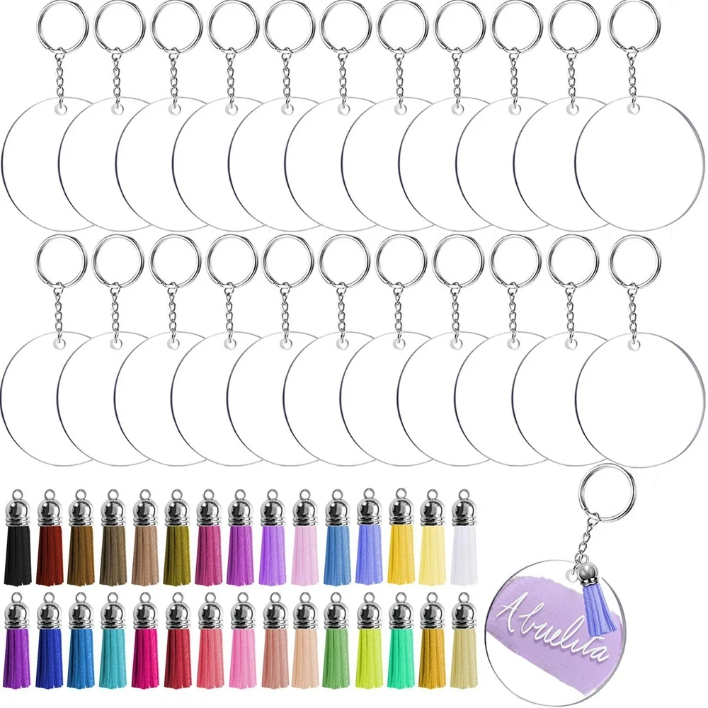 10 Sets Acrylic Ornaments Acrylic Keychain DIY Set Including Clear Acrylic Circle Discs with Hole Key Chain Ring and Tassel