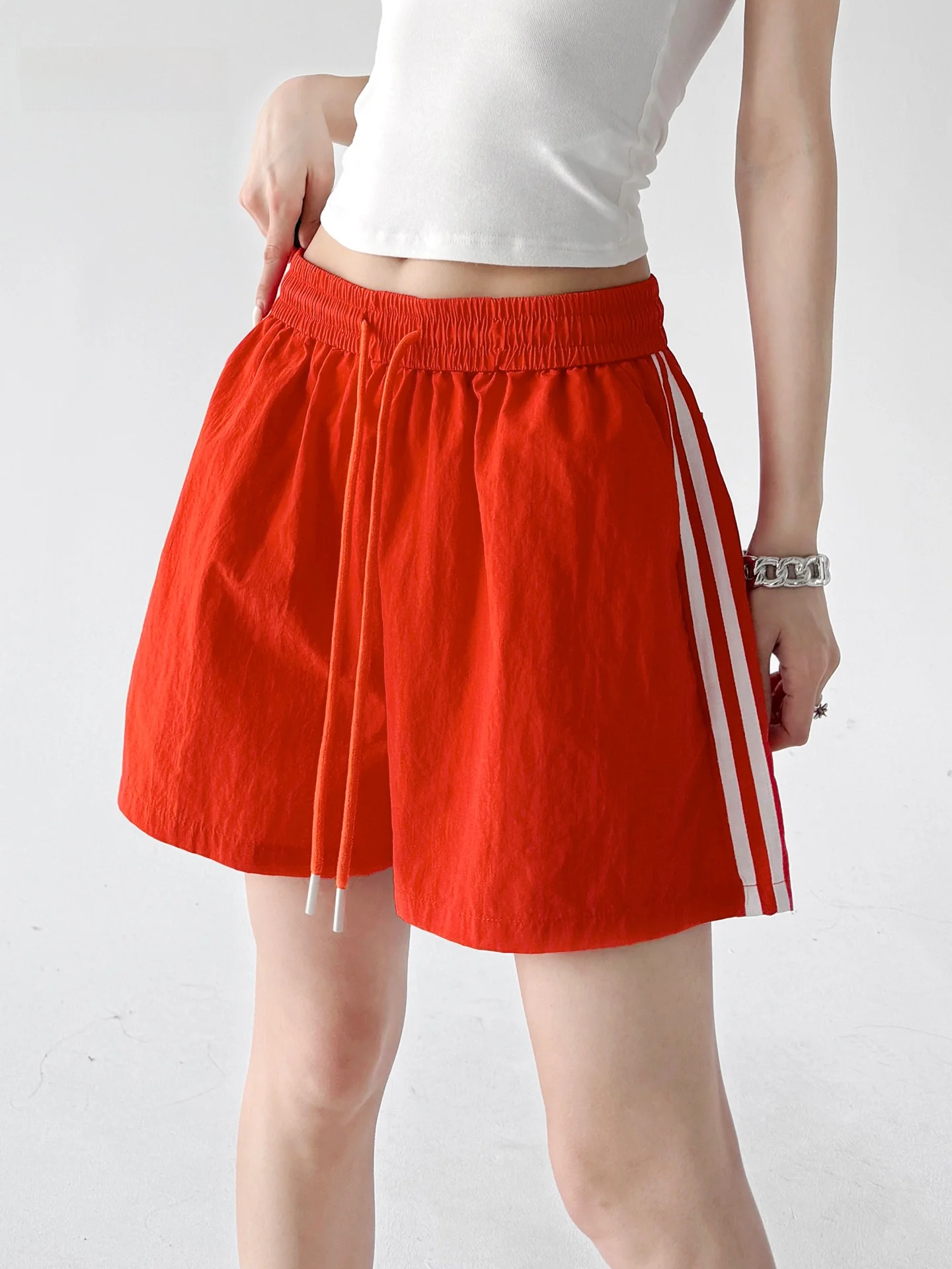 High Waist Short Pants Women's Summer 2026 New Style Casual Red Sports Pants Versatile Slimming Wide Leg Commute Style Nylon