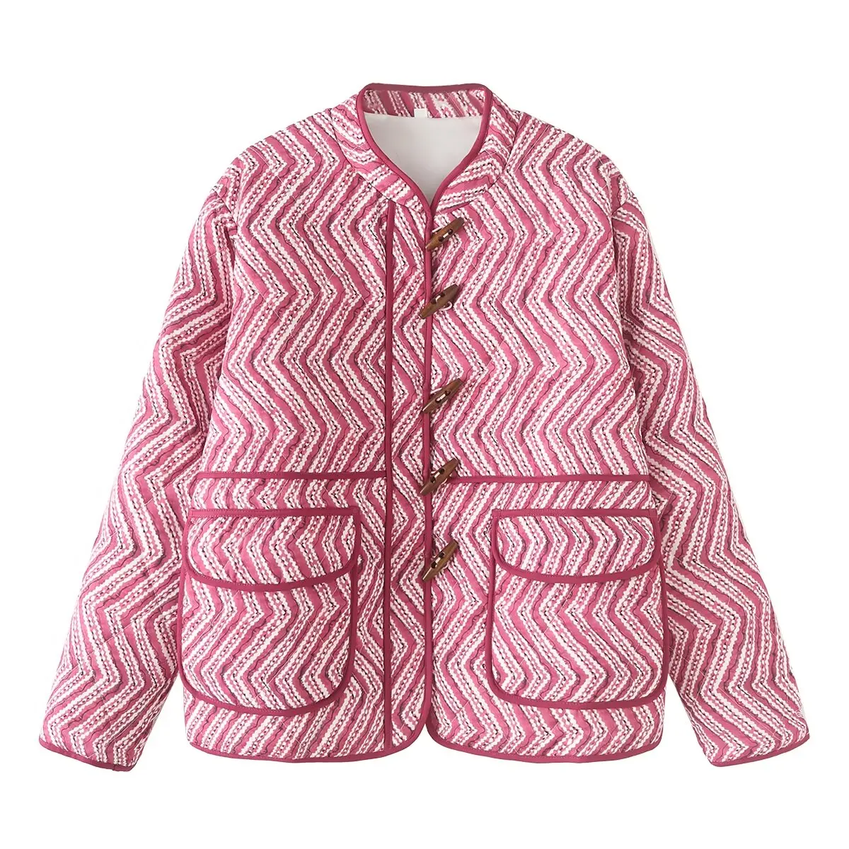 

European and American style winter new contrast color pocket stand collar horn single-breasted loose casual cotton jacket