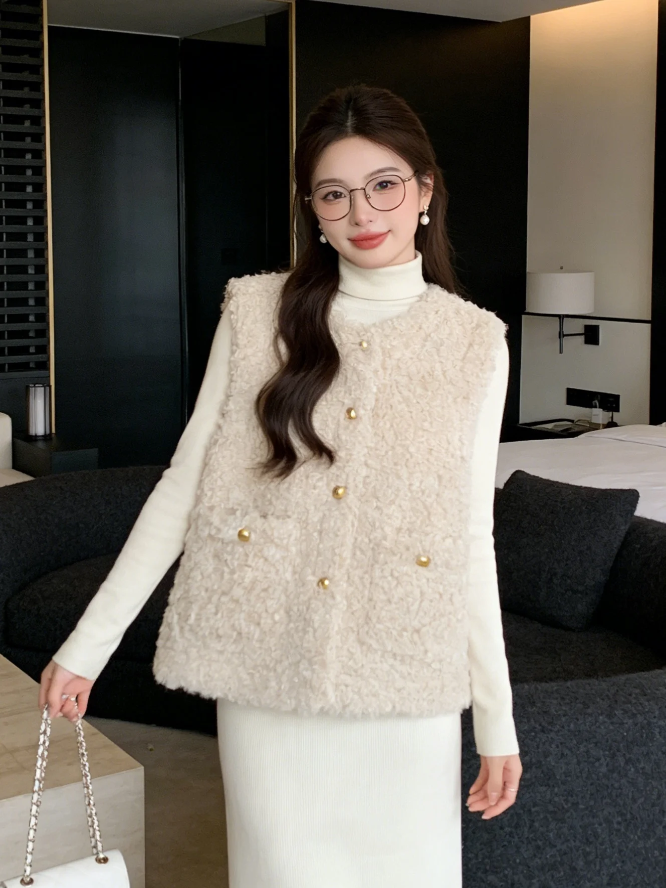 

Ele ort Fur Leather Vest Women's round Ne Svel Jaet Korean Sle Stand Fit Breathable Casual Outerwear