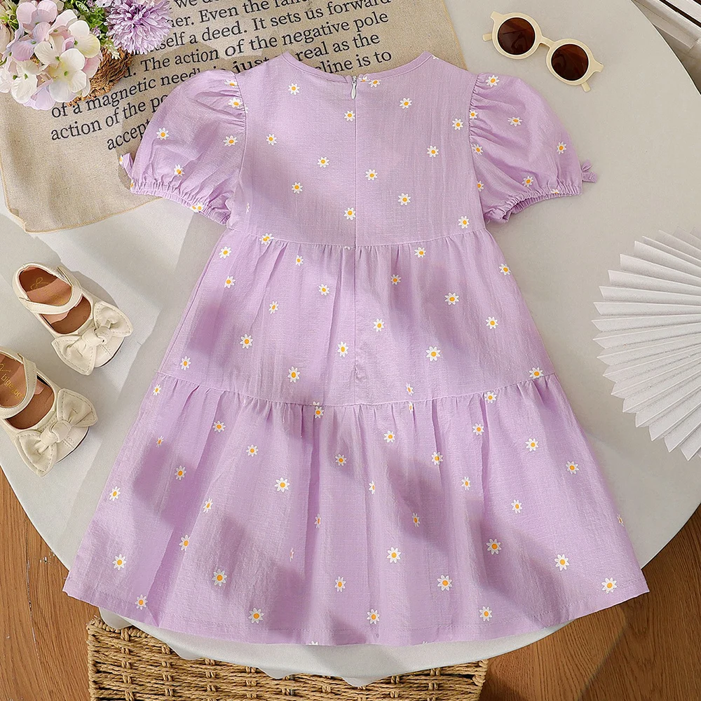 2-8Y 100% Cotton Girls Summer Dress Lavender Purple Daisy Print Puff Sleeve Tiered Sundress Toddler Kids Casual Party Dress