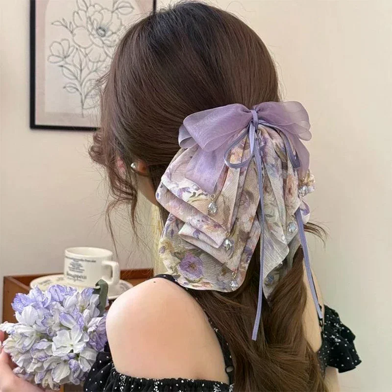Sweet Floral Bow Bead Ponytail Clip Women French Elegant Hair Clips Shark Clip
