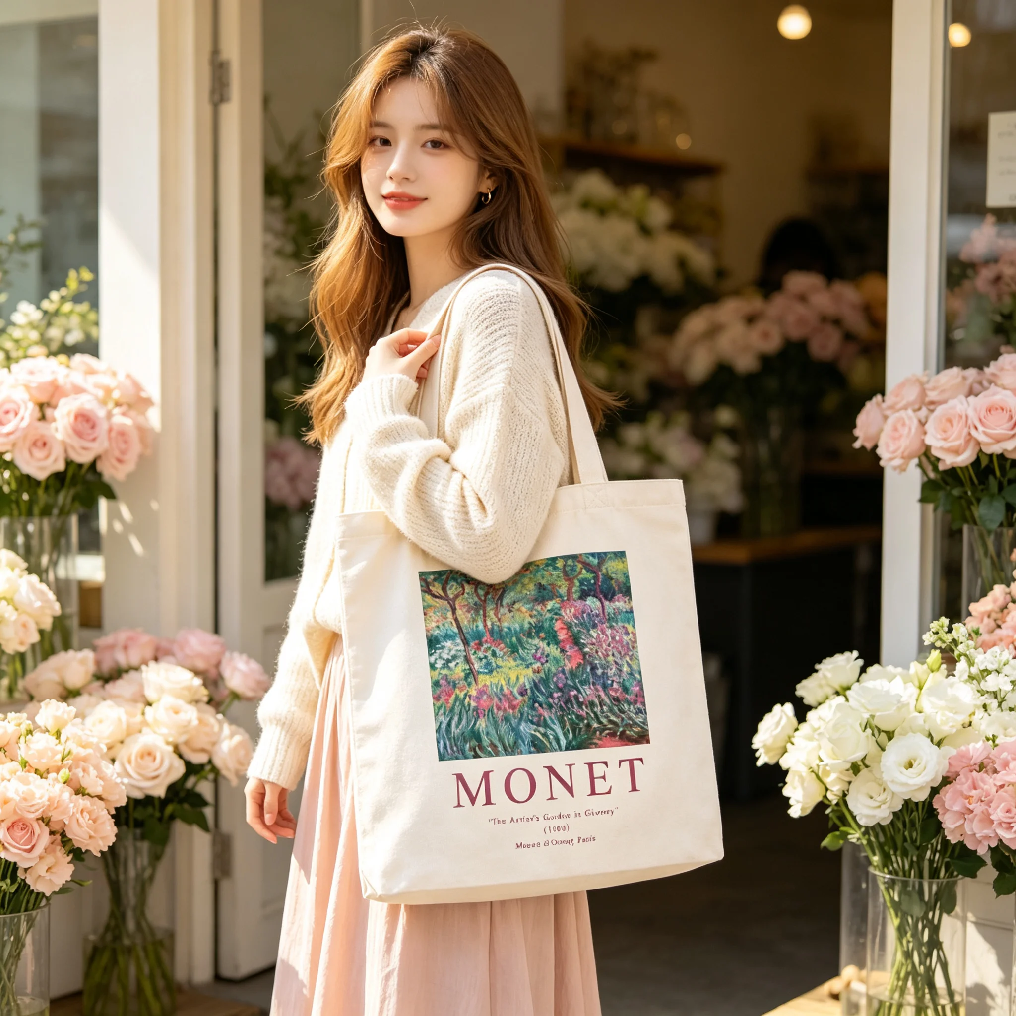 Canvas Tote Bag Monet The Artist's Garden in Giverny Vintage Oil Painting Aesthetic Art Shoulder Handbag