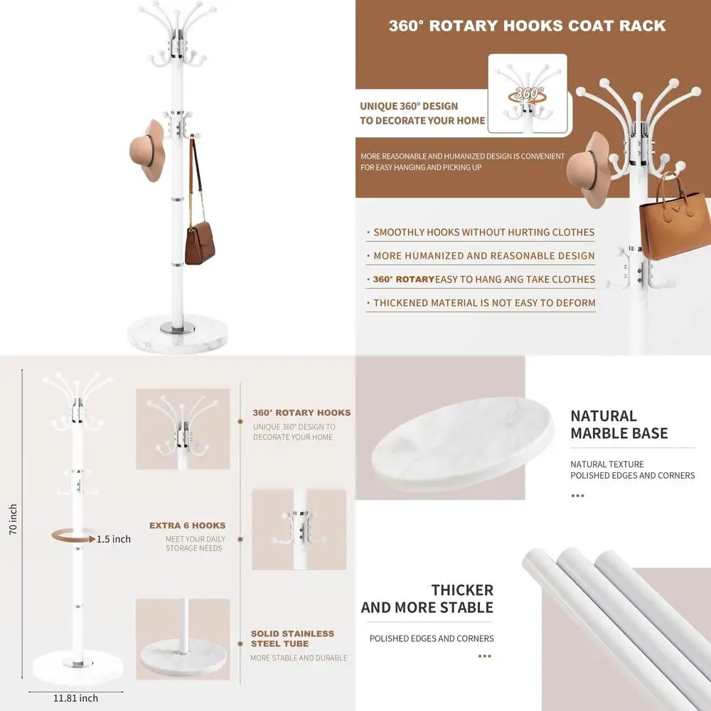 

Белый 360 ° Вращающаяся вешалка для одежды с 16 крючками и основанием из натурального мрамора для хранения вещей в прихожей