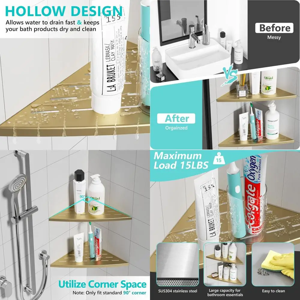 

Угловая полка для душа из нержавеющей стали, 11,5 дюйма, 2 шт., без сверления, матовое золото, плиточный настенный органайзер для душа