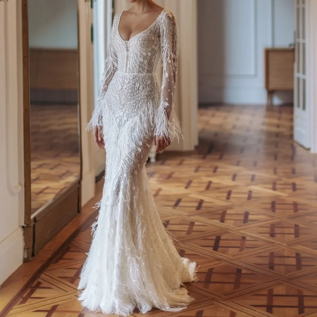 Luxurious Feathers Mermaid Bridal Gown Backless Dresses For Bride Dreamy Beaded Long Sleeve Wedding Dress 2025 Customized