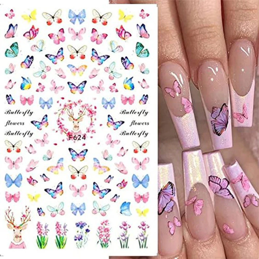 Pegatinas de mariposa para uñas, calcomanías 3D autoadhesivas de flores florales, deslizantes, decoración de manicura, 1 hoja, 42 estilos, primavera y verano