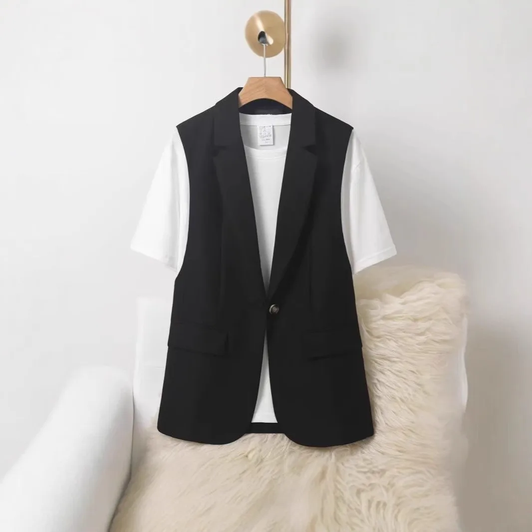 Elegant Vest Button Front Loose Fit Waistcoat Notched Lapel Front Pocket Sleeveless Blazer Black Solid V Neck Structured Blazer
