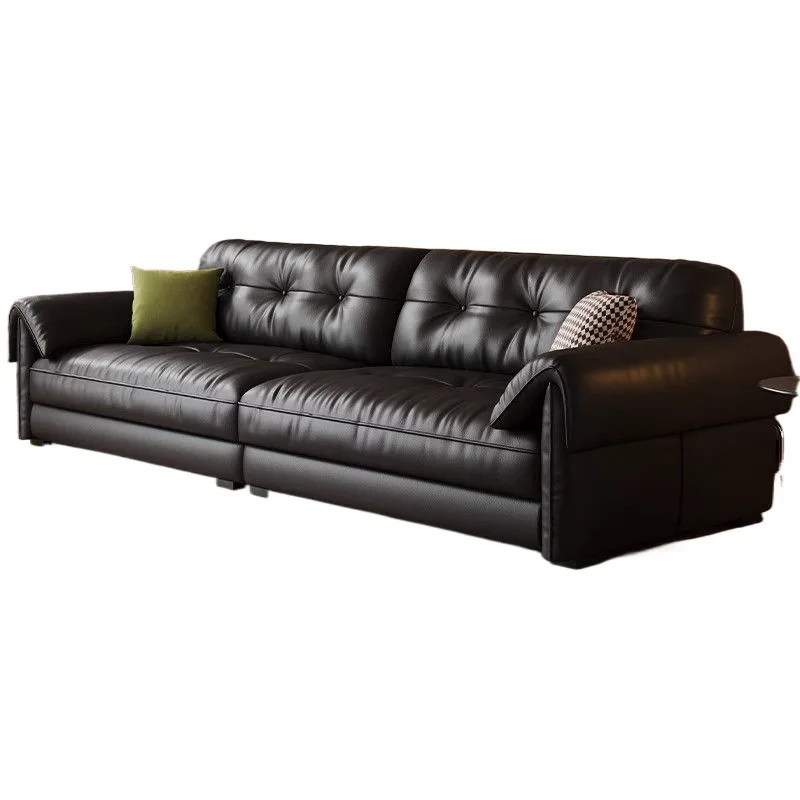 Black Leather Sofa Italian Minimalist Leather Home Living Room Three-person Elephant Ear Sofa Leather Art