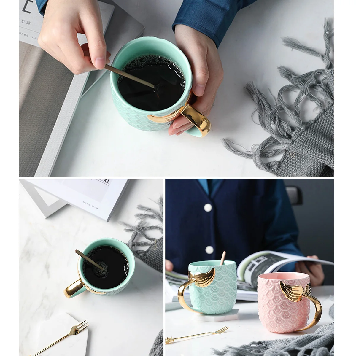 

Ceramic Mermaid Mug Gold Pearl Tail Handle Ideal for Coffee Tea Soup Hot Cocoa Birthday Holiday Thanksgiving Gift