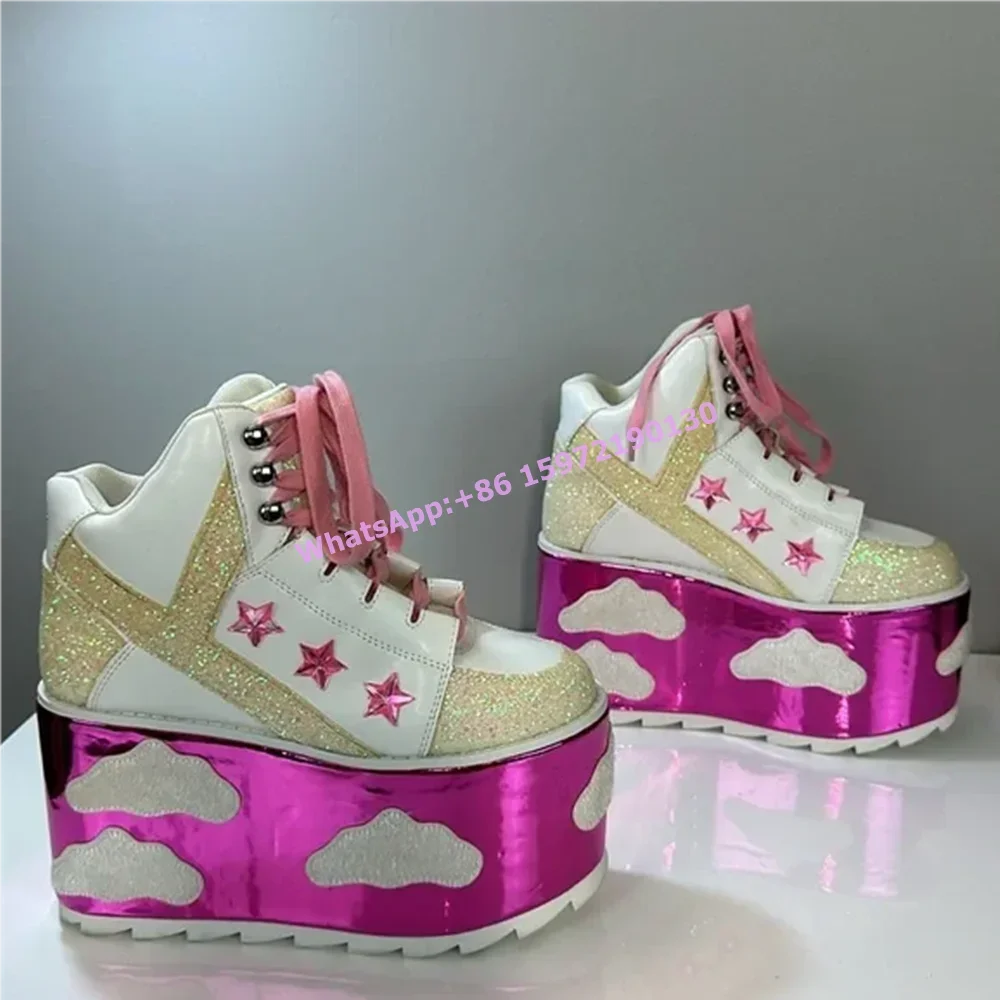 White Pink Platform Cloud Pumps patchwork Thick Soled Five-Pointed Star Shallow Shoes Winter Bling Leather Hotties Sneakers