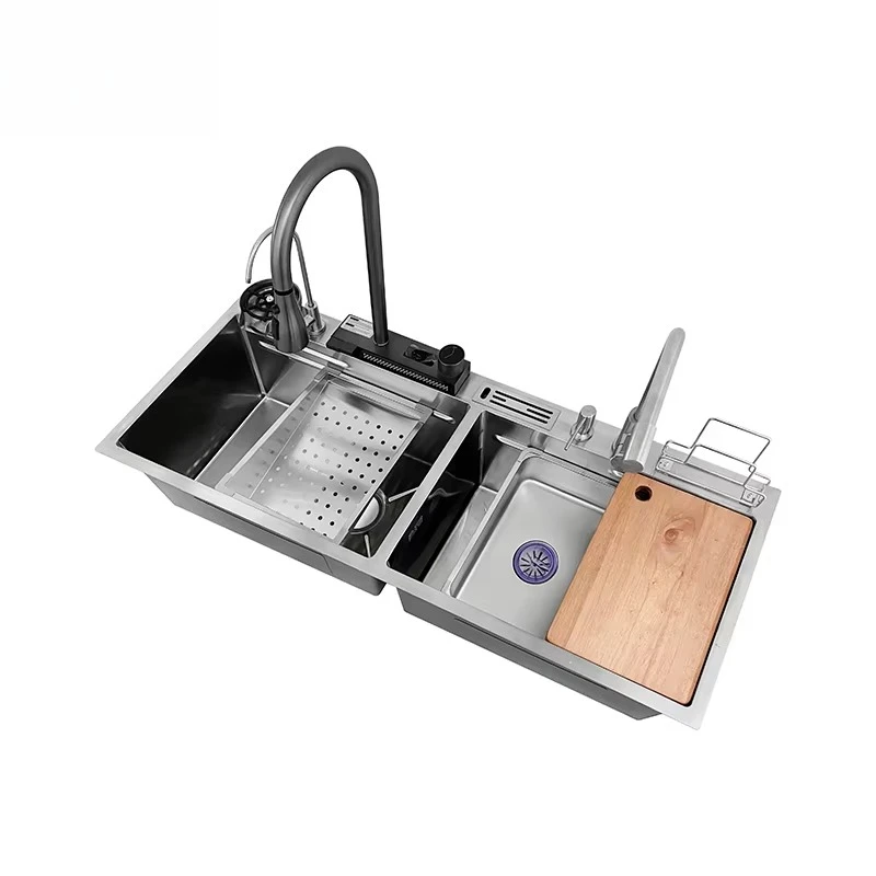 11845 Luxury Smart Modern Tap Knife Holder Stainless Steel Nano Sliver Waterfall Kitchen Sink