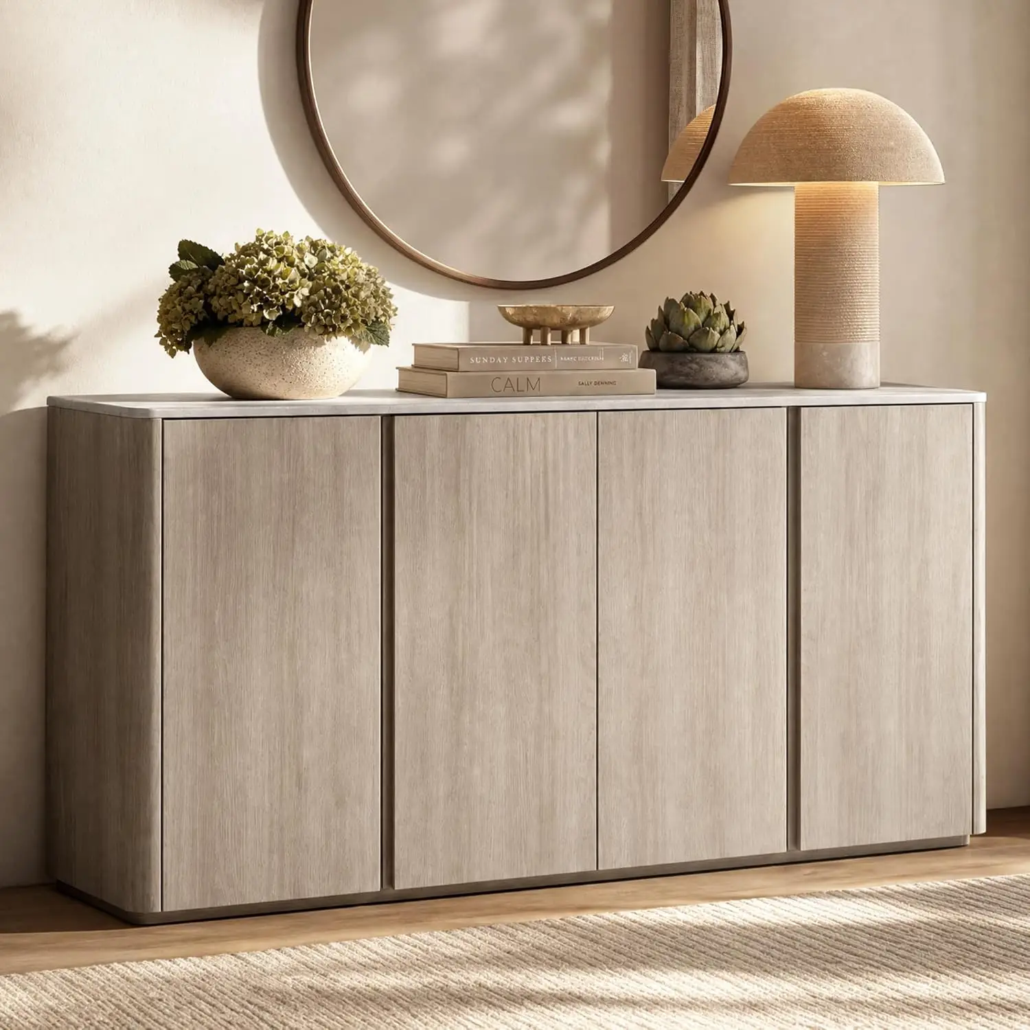 67" Sideboard Buffet Cabinet with Faux Travertine Texture, Storage Credenza with 4 Doors & Adjustable Shelves,, Customized