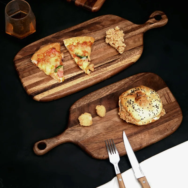 Japanese Style Solid Wood Pizza Board, Round Wooden Serving Tray for Sushi, Bread, Steak, and Cake