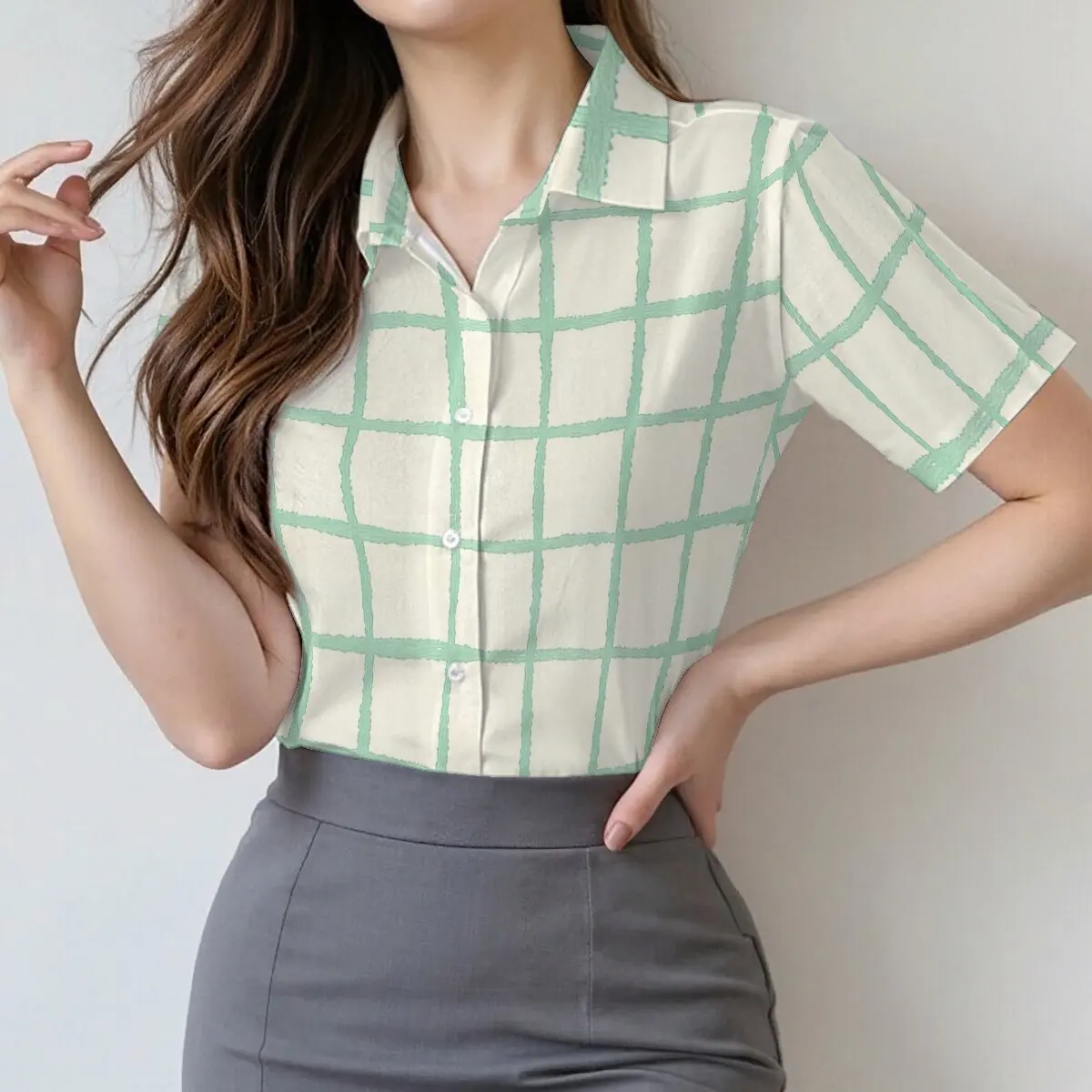 

Summer women's fresh green plaid short-sleeve shirt, suitable for campus, commute, outings, dates and casual wear.