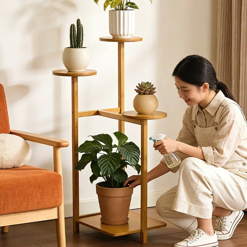 New model Flower stand Shelf Balcony Living room Nan bamboo plant stand Indoor succulent Nordic home creative flower pot shelf