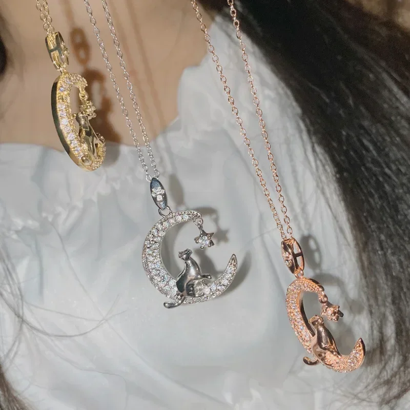 MDLFES Moiss1n الماس نمط الأصلي البكر القمر القط قلادة المرأة مطلية بالذهب لطيف نظام موري #2