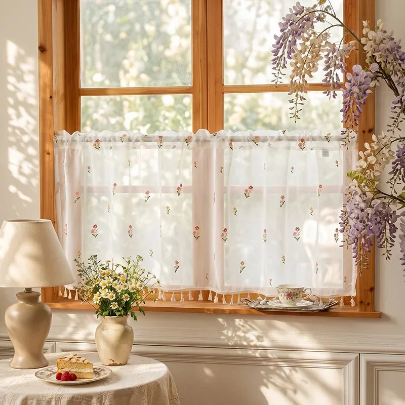 Fresh Romantic Pastoral Embroidered Tulle Curtains Farmhouse Fringe Short Curtains For Kitchen Window Home Decor