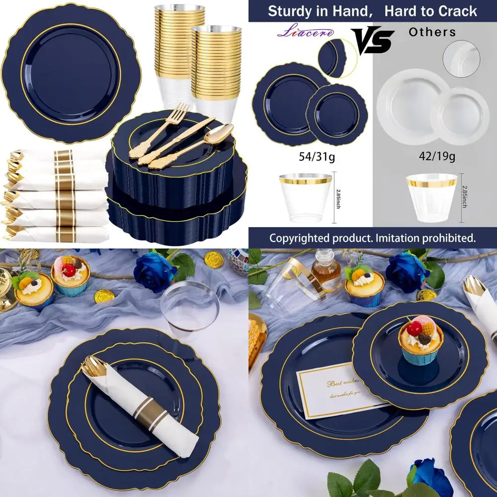 

Disposable Navy Blue Plastic Plates - 350 Pieces, 50 Guests, Gold Rimmed Dinnerware Set for 100 Plates, Pre-Rolled Packs