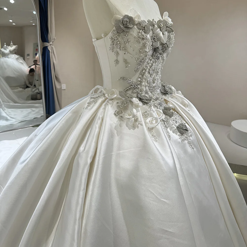 فستان زفاف فاخر من الساتان مع دانتيل مزين بحفلة الأميرة بدون أكمام بدون حمالات فستان عروس مخصص فيستدو دي نوفيا #4