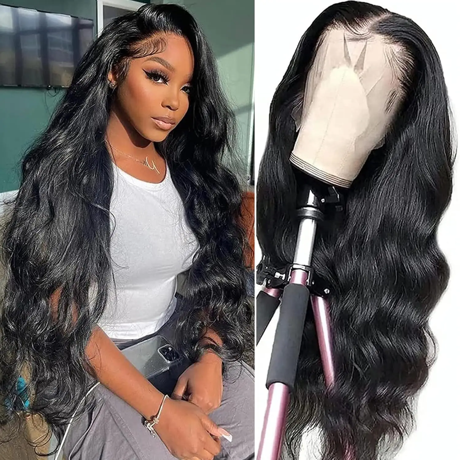 200 Density Natural Black & Grey Body Wave 13*4 Lace Frontal Wigs Transparent Lace Front Human Hair Wig Pre Plucked For Women