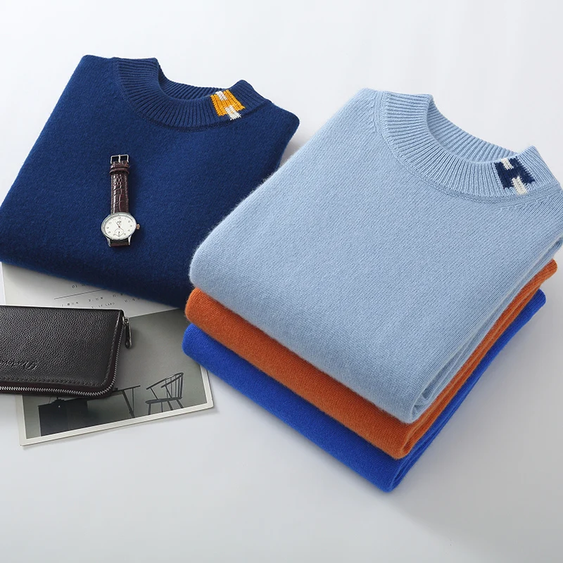 Men\'s Pullover 100% Merino Wool Knit Sweatshirt Autumn/Winter Casual Large Top Casual Long-sleeved Letter Sweater