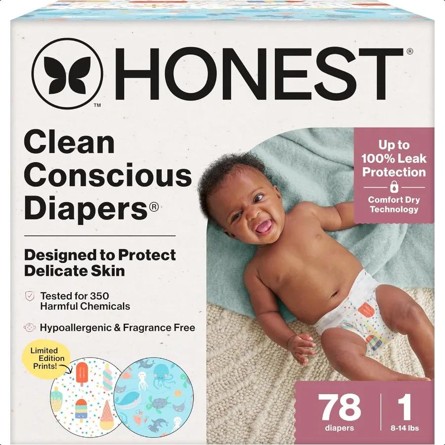 

Clean Conscious Diapers for Delicate Skin Up to 100 Leakproof Hypoallergenic Fragrance Free Summer '25 Limited Edition Prints C