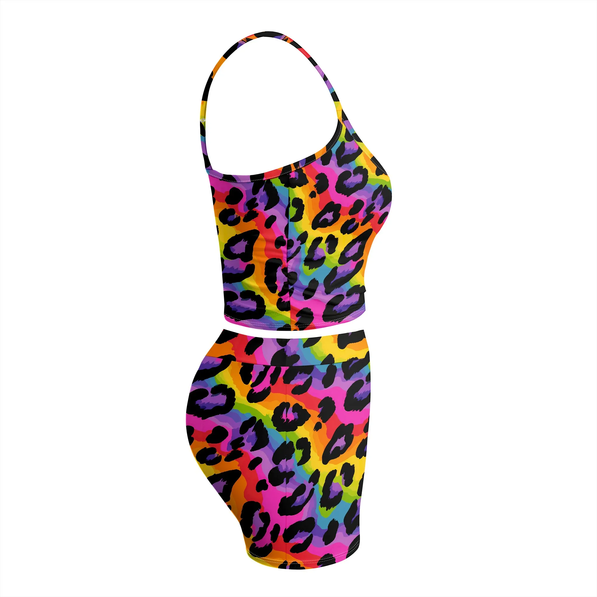Rainbow Leopard Print, Women's Tank Top And Shorts Set, Colorful Animal Pattern Loungewear, Summer Beach Outfit, S-2XL