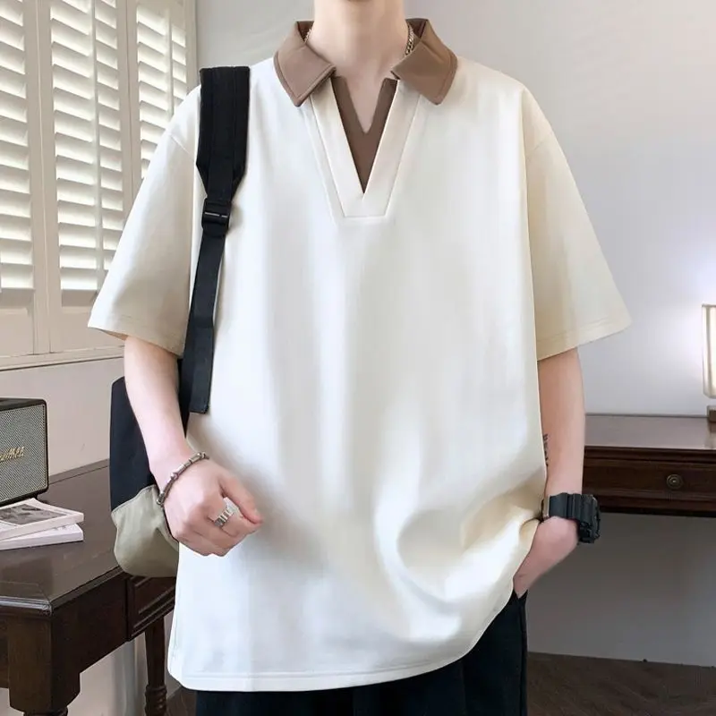 

Men's Beige Contrast Collar V-Neck Polo Shirt Oversized Short Sleeve Casual Top