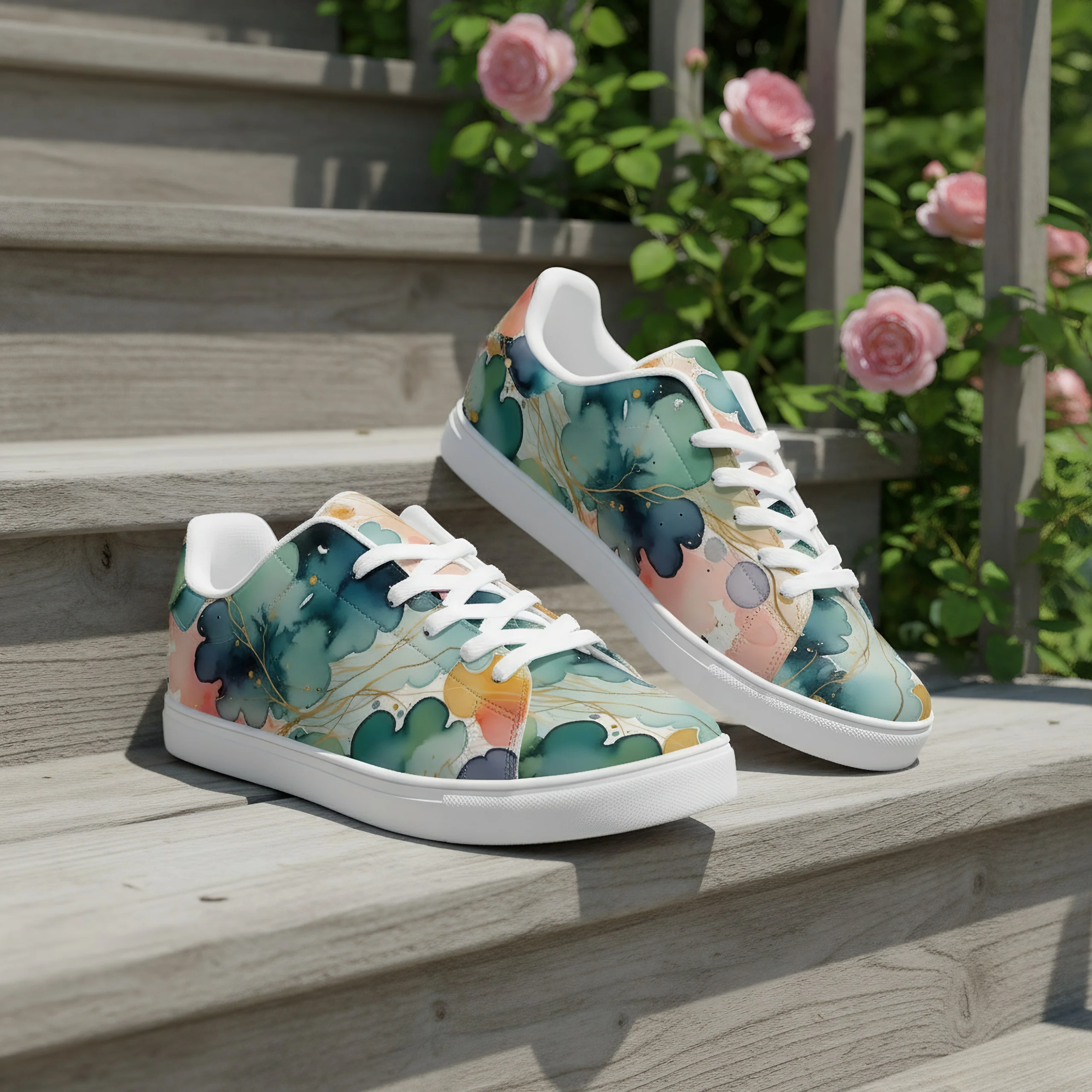 

Watercolor lotus leaf art print fashion casual sneakers high-quality white shoes outdoor sports shoes for women