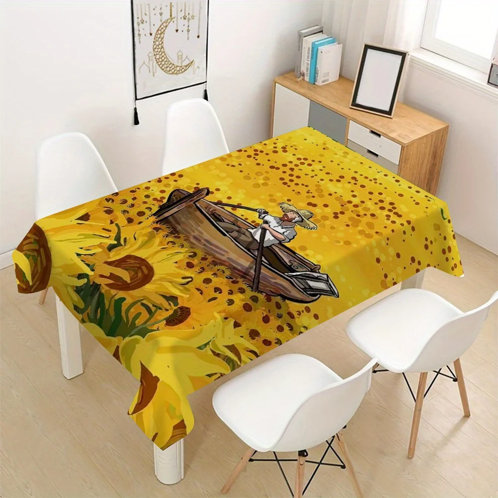 Van Gogh Sunflower Tablecloth, Yellow Base With Boat Man Art Print, Rectangular Table Cover for Art Studio & Home Table Decor
