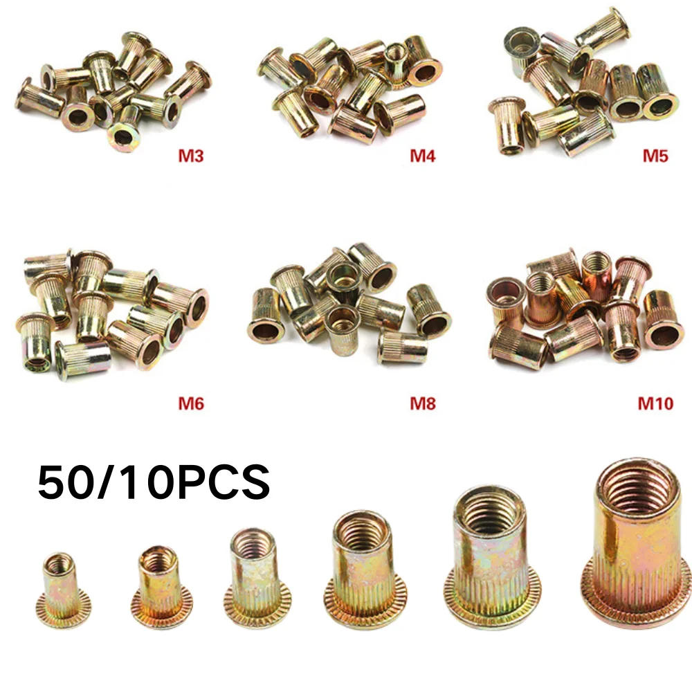 

20PCS Carbon Steel Rivet Nuts M4 M5 M6 M8 M10 M12 Flat Head Threaded Rivet Insert Nutsert Cap Rivet Nut Kit