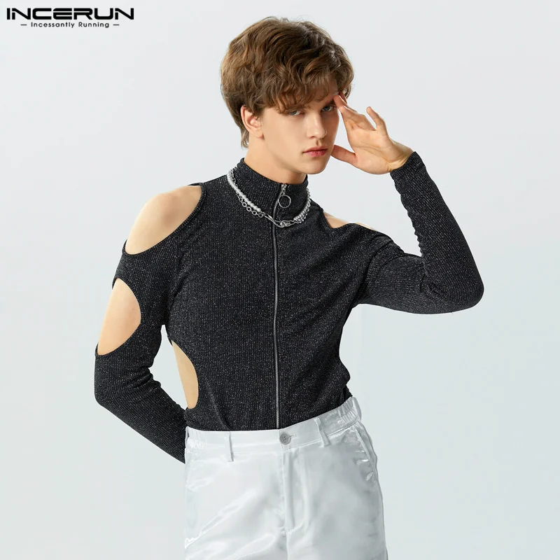 2023 Men Bodysuits Solid Shiny Turtleneck Zipper Long Sleeve Hollow Out Sexy Male Rompers Streetwear Fitness Bodysuit INCERUN