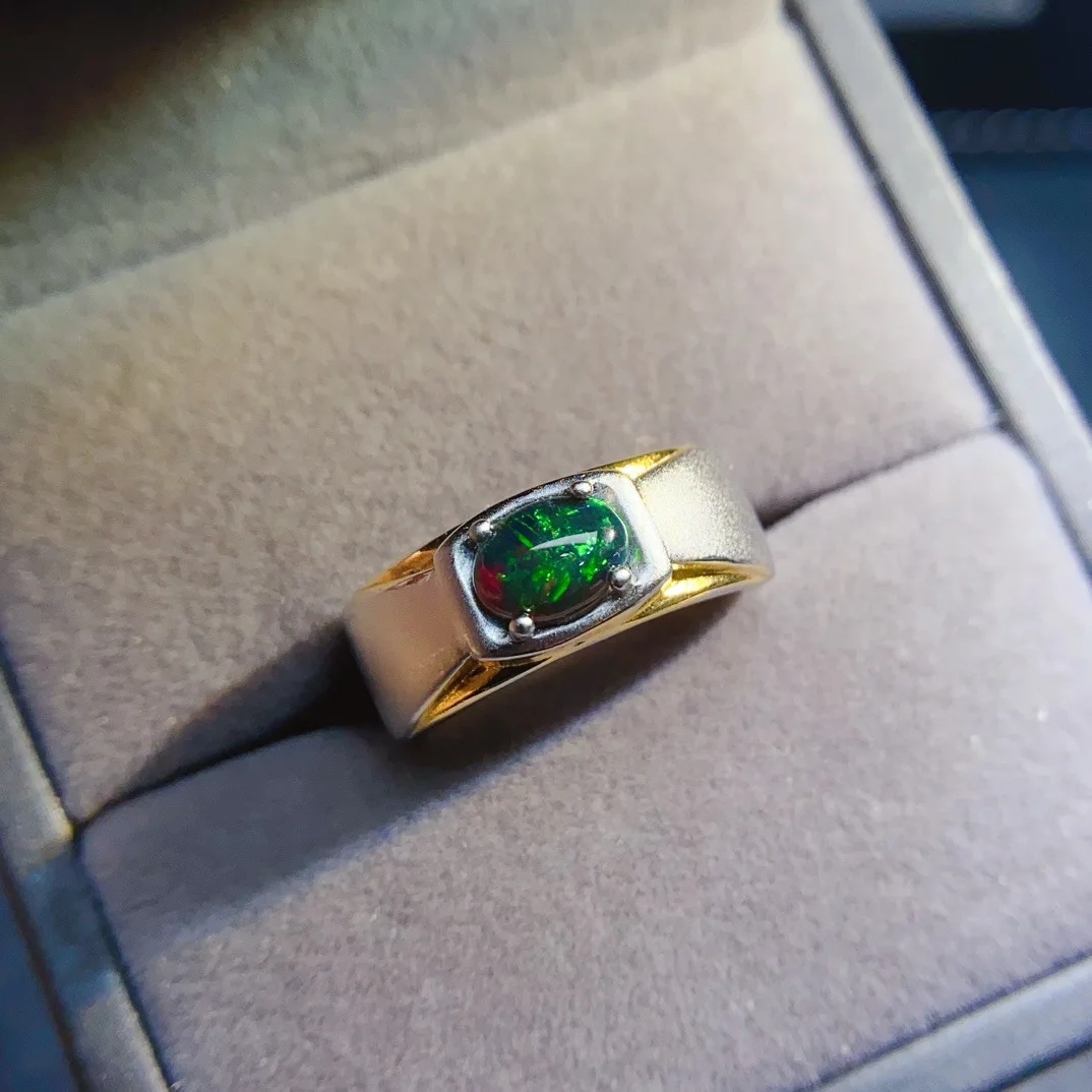 New natural green opal ring S925 silver inlaid main stone 5 * 7mm with certificate exquisite gift box men women unisex jewelry