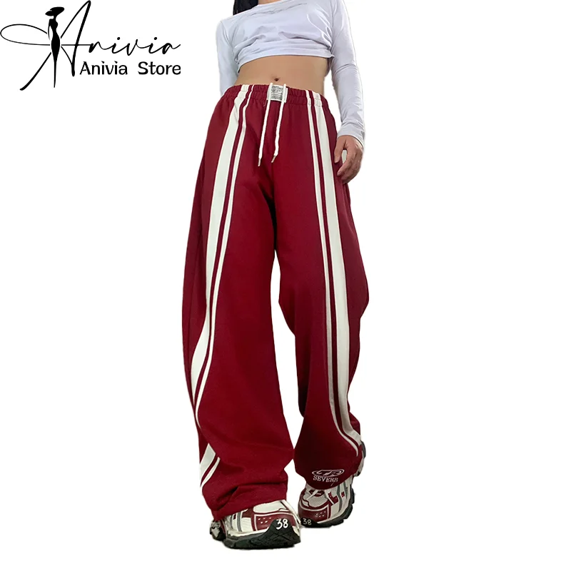 Y2K Pant Women Drawstring Pockets Wide Leg Chic Cotton Pants Red High Quality Baggy Striped Sports Parachute Jogger Trousers New