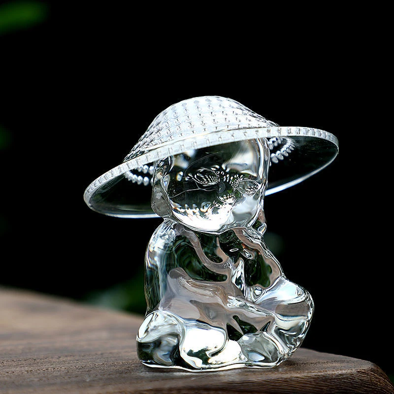 Glass Little Monk Tea Pet with Bamboo Hat Strainer Filter Tea Set Kung Fu High Borosilicate Glass Figurines Teapet Zen Ceremony