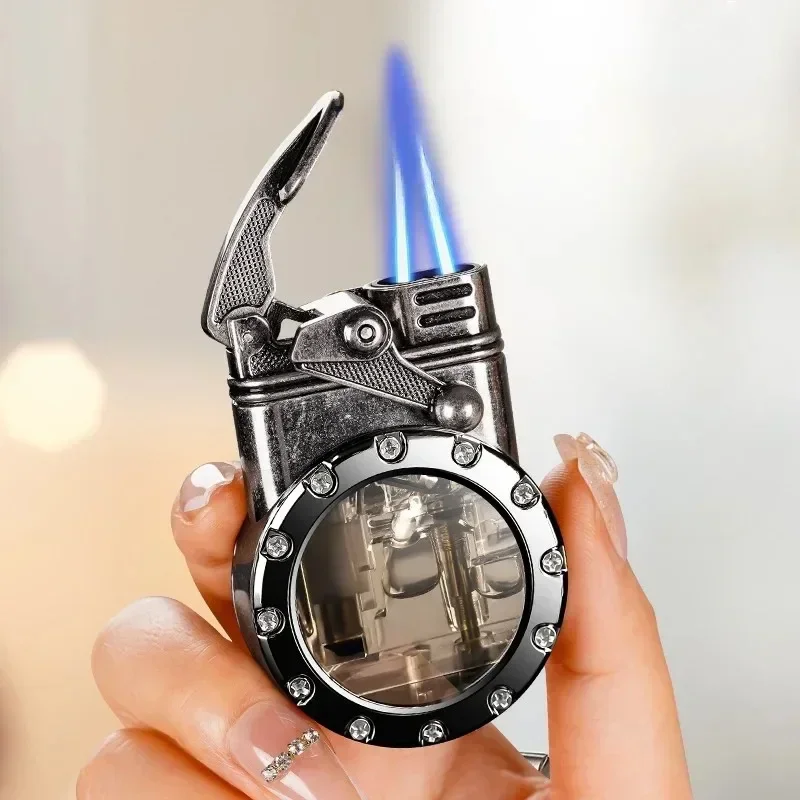 Metal Rocker Arm Kerosene Lighter Windproof Spray Dual Flame Transparent Window Lighter Smoking Accessories Men's Gift